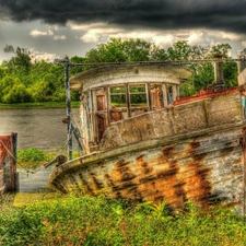 Old, River, clouds, Boat