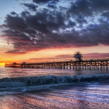 clouds, sea, pier