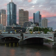 River, skyscrapers, clouds, bridge