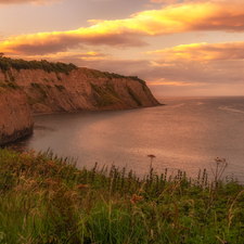 Meadow, clouds, rocks, cliff, sea