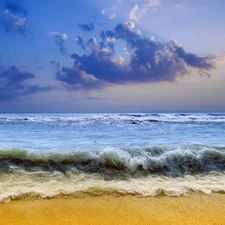 sea, Beaches, clouds, Waves