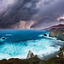 sea, cliff, clouds, rocks