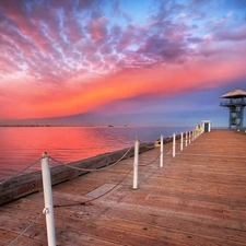 clouds, pier, sea