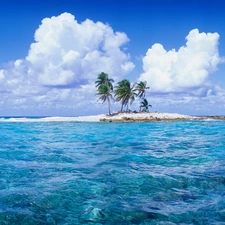 sea, Sky, clouds, Islet