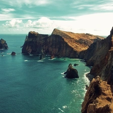 sea, Waves, clouds, Cliffs