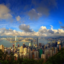 clouds, Town, skyscrapers