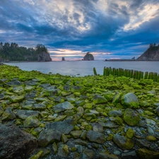 clouds, lake, Stones