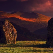 clouds, Mountains, Stones