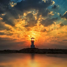 sea, maritime, rays, Island, Lighthouse, clouds, sun