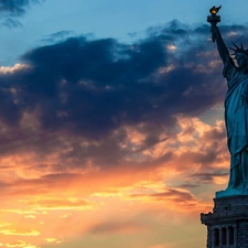 freedom, statue, clouds, Przebijaj?ce, luminosity, USA, sun, flash, ligh