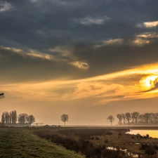 River, Windmill, clouds, Przebijaj?ce, luminosity, Fog, sun, flash, ligh