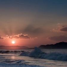 Waves, maritime, west, sea, Lighthouse, clouds, sun