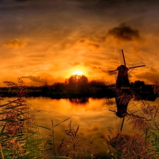 clouds, Windmill, trees, viewes, Great Sunsets, River