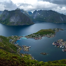 Lofoten, Mountains, Villages, North Sea, Norway, Houses, clouds