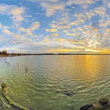 clouds, pier, water