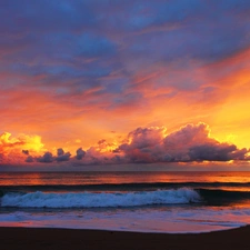 clouds, sea, Waves