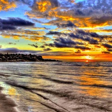 clouds, west, Beaches, Waves, sea