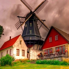 clouds, house, Windmill