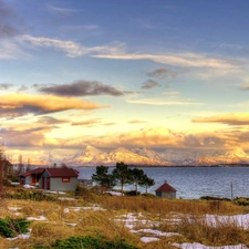 clouds, winter, Mountains, Houses, lake