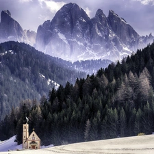 Mountains, church, clouds, winter, woods, Way