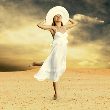 Women, Desert, clouds, Hat