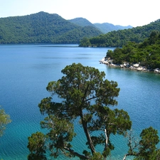 lake, woods, Coartia, Mountains