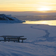 sea, sun, winter, rays, east, coast, Bench