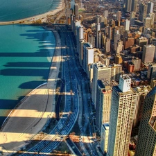 skyscrapers, Town, coast, clouds