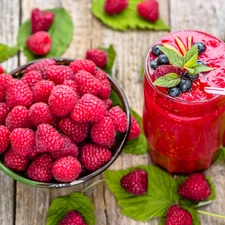 leaves, raspberries, cocktail, blueberries, boarding, bowl