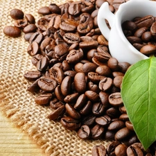 coffee, leaves, cup, grains, White