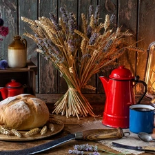 sickle, bread, oil, jug, Lamp, Ears, corn, coffee