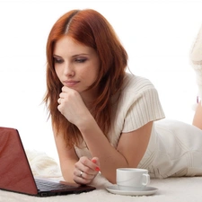 Women, cup, coffee, laptop