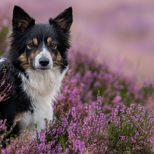 purple, heathers, Border Collie, Flowers, dog
