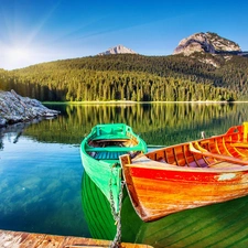 sun, Mountains, color, boats, lake, rays