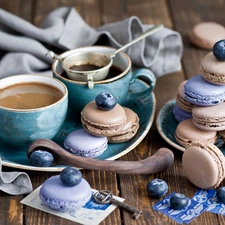 coffee, cookies, blueberries, composition, cups, Macaroons
