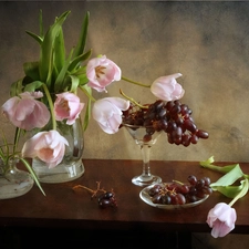 Pink, Grapes, composition, Tulips