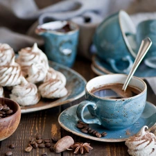 bowl, coffee, cookies, meringues, grains, cup