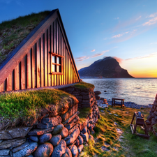 mountains, Stones, cottage, sea