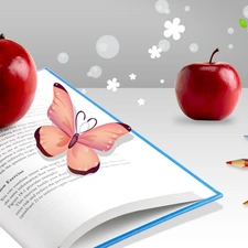 apples, Book, crayons, butterflies