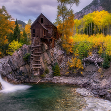Crystal Mill, Windmill, Crystal River, autumn, Colorado, The United States, trees, viewes, rocks