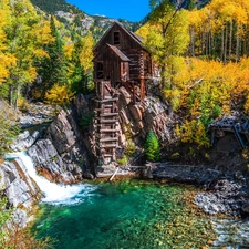autumn, rocks, The United States, trees, Colorado, Crystal River, Crystal Mill, viewes