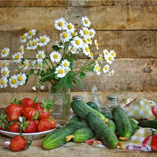 cucumbers, chamomile, strawberries