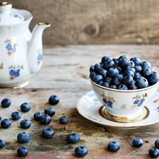 blueberries, plate, jug, cup