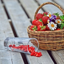 cup, Flowers, strawberries, Strawberries, basket