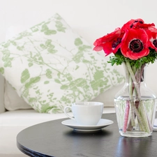 bouquet, Vase, pillows, table, Sofa, Anemones, Flowers, cup
