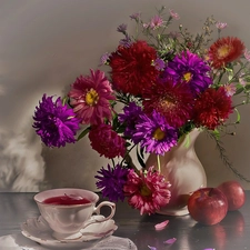 cup, tea, Astrów, apples, bouquet