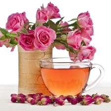 cup, roses, tea