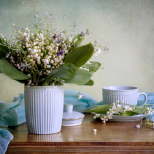 cup, composition, blue, stuff, Lily of the Valley, Vase