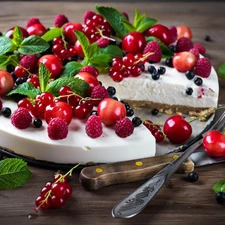 Fruits, cherries, fork, raspberries, knife, cheesecake, cake, currants