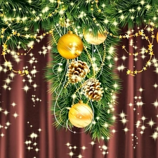 christmas, satin, curtain, baubles